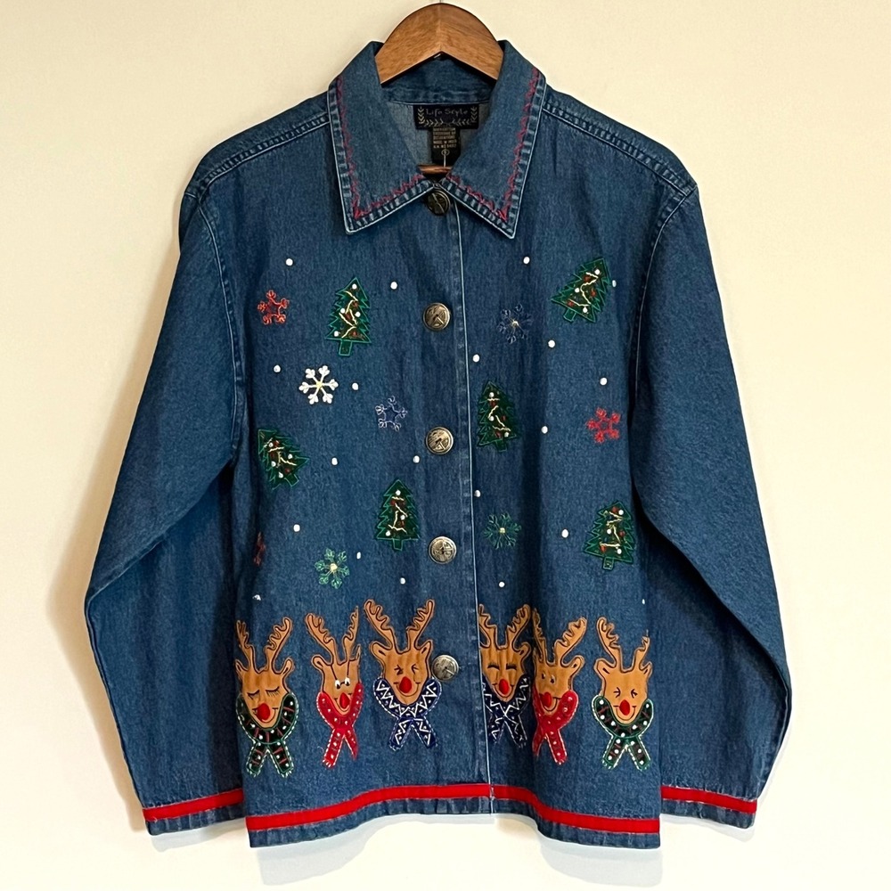 Life Style Womens Christmas Reindeer Embroidered Denim Jacket Blue Small Holiday